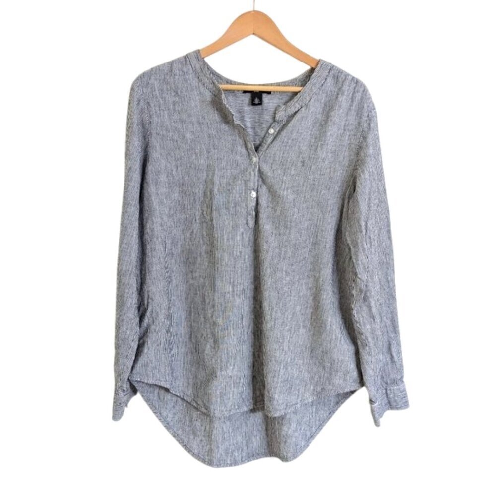 Nine West Jeans Linen Blend Long Sleeve Pinstripe Tunic Mandarin Collar‎ Size L